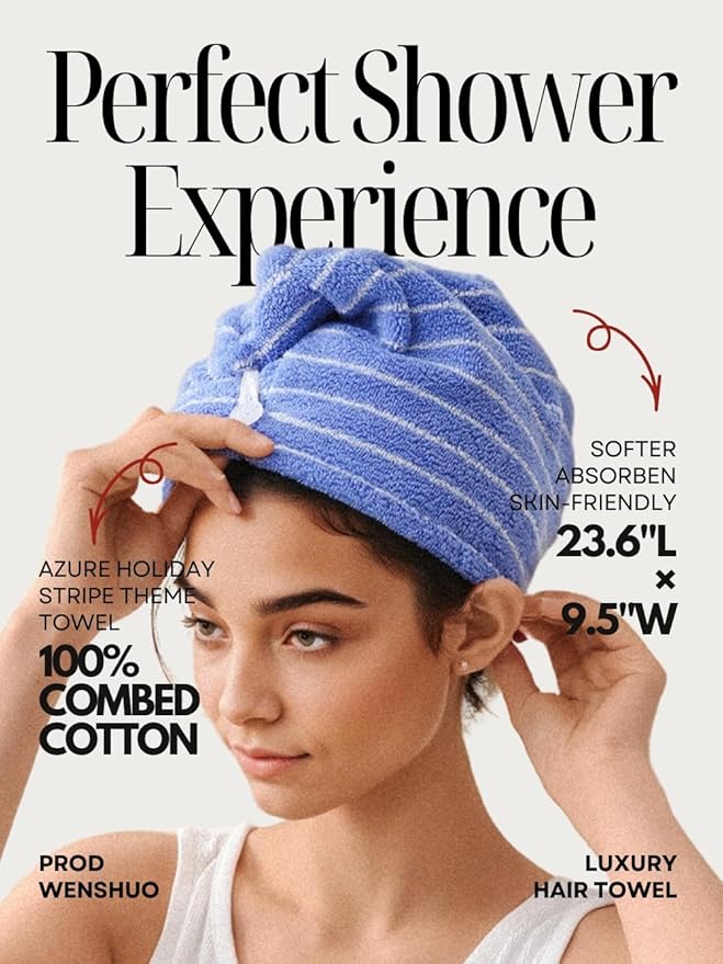 WENSHUO Azure Holiday-Striped Hair Towel Wrap-Drying Tool,100% Combed Cotton,Luxury Hair Dry Towels,Super Absorbent with Button Fasten(Pack of 1)