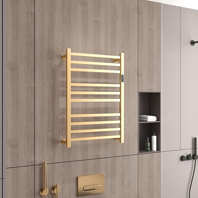 Luxury Heated Towel Rack Wall Mounted Towel Warmers, 10 Bars Towel Warmer Rack for Bathroom with Timer & Temperature Multi-Level Adjustable, Hardwired and Plug-in Compatible (Brushed Gold)