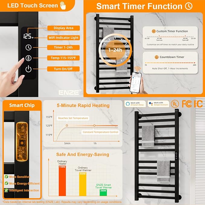 ENZE Smart Heated Towel Rack,12-Bar Wall-Mounted Electric Towel Warmer 320W, Wi-Fi App Control & LED Touch Screen, Adjustable Temperature & 24H Timer, IPX5, Plug-in/Hardwired, Matte Black
