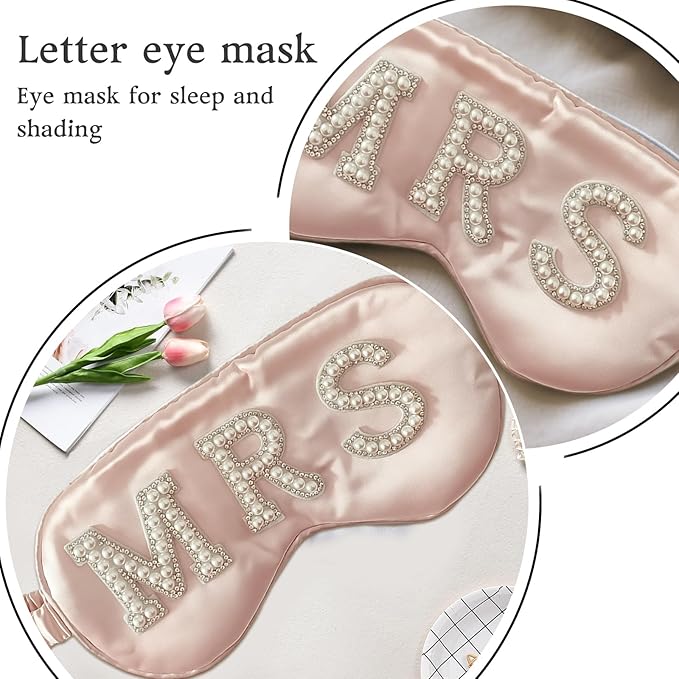 Bride Sleep Mask, Bride Eye Mask, Mrs Satin Bridal Eye Maskes Soft Sleep Maskes for Honeymoon Travel Meditation, Mrs Pearl Bridal Gifts to Adjust Night Sleeping, Sleeping Masks for Wedding (Pink-Mrs)