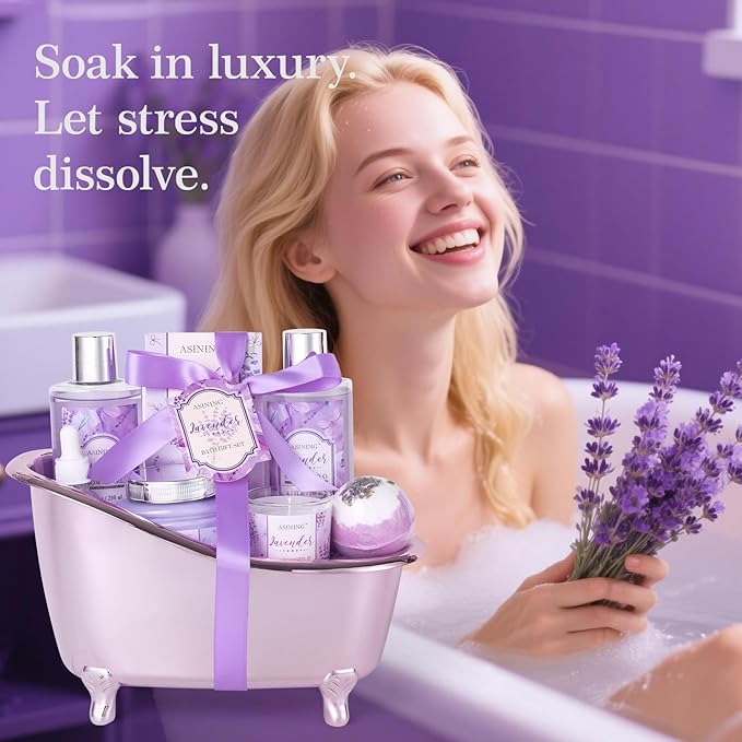 Spa Gift Basket for Women, Luxury Home Spa Kit, 8pcs Lavender Bath Gift Set, Gift Baskets for Women Unique with Bath Bombs, Sea Salt, Scented Lotions Birthday, Mother Day, Bridal Shower gifts