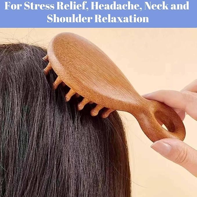 Sandalwood Head and Scalp Massager Comb, Wide Tooth Wooden Gua Sha Tool with Ergonomic Handle for Stress Relief, Headache, Neck and Shoulder Relaxation