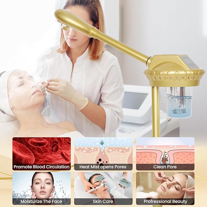 Professional Facial Steamer on Wheels,Gold Ozone Steamer for Face with 30-Minutes Timer,Spa Face Steamer for Deep Facial Cleansing (FS-03, 21-Gold)