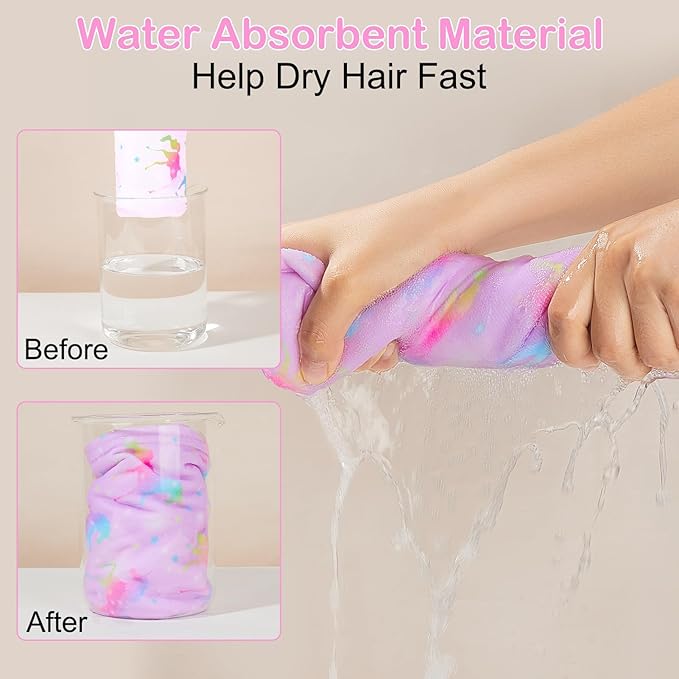 Basumee Microfiber Hair Towel Wrap for Kids 2 Pack Rapid Drying Hair Towel with Button Hair Turbans for Wet Hair Wraps Head Towel Wrap for Women and Girls, Dark Unicorn