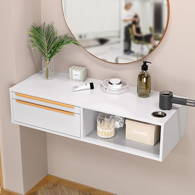 OmySalon Wall Mount Salon Station with Mirror, Hair Stylist Cabinet with Dryer Holders, Drawers & Shelf for Barbershop, Beauty SPA, Bathroom, White