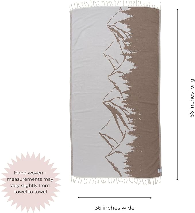 InfuseZen Turkish Towel with Mountain Landscape – 100% Organic Turkish Cotton - Sand Free Quick Dry Beach Peshtemal – Thin Reversible Absorbent Pool Hammam – Plus Size Gym, Travel Fouta (Brown)