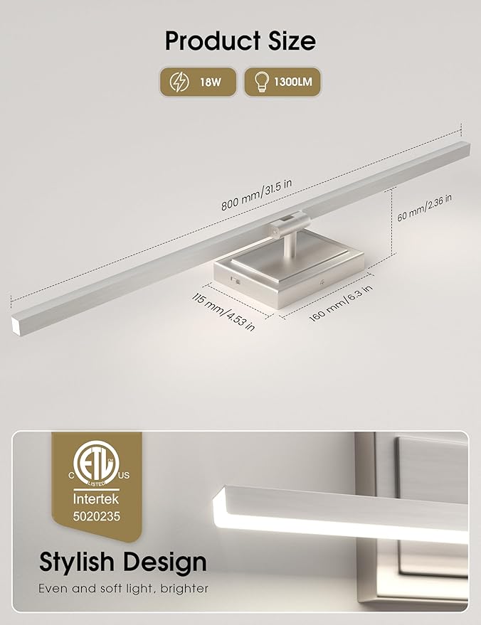 VOLISUN Modern Bathroom Vanity Light 31.5 inch, Rotatable, 18W Dimmable 5CCT Led Bathroom Light Fixture Over Mirror, Brushed Nickel Bar Vanity Light for Bathroom Mirror Cabinets-ETL Certificated