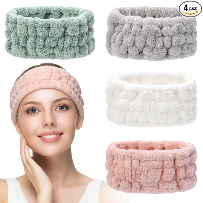 4 Pieces Spa Headband for Women Skincare Headband Makeup Headbands for Washing Face Spa Shower Gifts(Khaki, Pea Green, Grey, Pink)