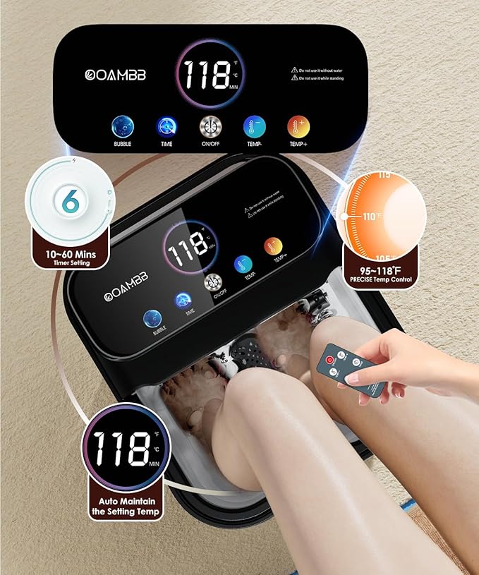 OOAMBB Collapsible Foot Spa with Heat, Bubble,Temp Control,Remote Control, Color Touch Screen Foot Bath Massager with 6 Massage Rollers,Foot Soaking Tub (Black)