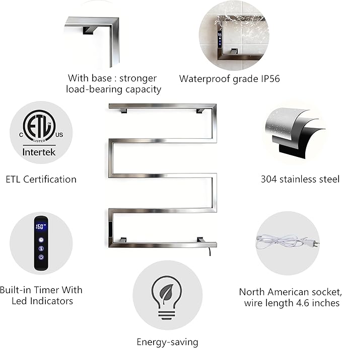 Towel Warmer Rack for Bathroom with Timer/Fahrenheit Temperature Control Wall Mounted Electric Heated 5 Bar Rail Plug-in or Hardwired Keep Bath Shower Towel Warming (Mirror Polish Slivery)