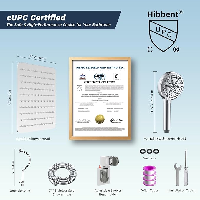 Hibbent All Metal CUPC Certified Shower Head, 10'' High Pressure Rainfall Shower Head, Handheld Showerhead Combo, 12'' Adjustable Extension Arm, 10 Sprays, 71'' Shower Hose, Showerhead Holder, Chrome