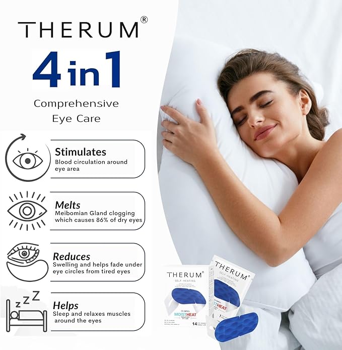 THERUM 120 Mins Long Lasting Self Heating Steam Eye Mask for Tired & Dry Eyes, Meibomian Gland Dysfunction, Stye, Blepharitis (14units/1box)