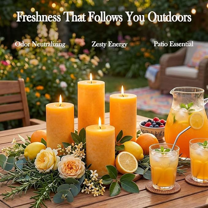 Orange Lemongrass Scented Pillar Candles 4 Pack, 60 Hours Long Lasting Burn Natural Essential Oils,2.8 x 4 in - Fresh Citrus Scent for Outdoor Patio & Home Refresh,Natural Repellent Vibes& Home Spa