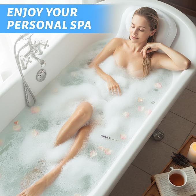 Full Body Bath Pillow for Bathtub, Thick Bathtub Cushion for Soaking Tub with Suction Cups Ergonomic Luxury 3D Mesh Spa Bath Mat with Laundry Bag and Scraper for Neck and Back, 51"x15", White
