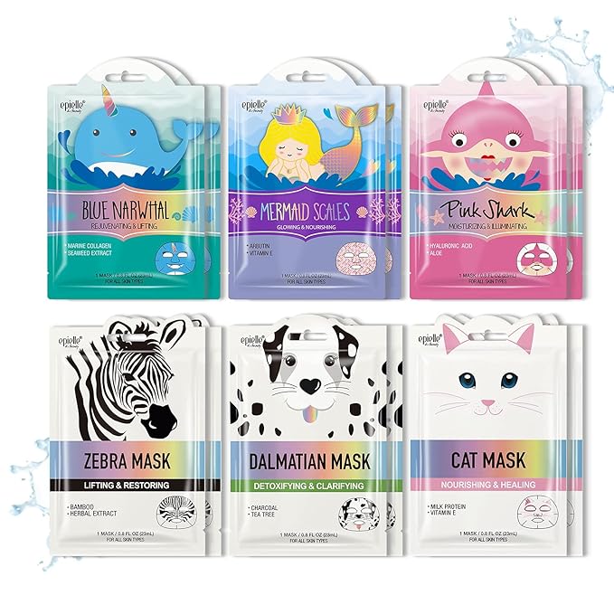 Epielle Character Face Mask Wave & Wild 12 Pack, Fun & Effective Korean Skin Care, Spa Party Favors, Mothers Day Gifts, Birthday Gifts for Women, Self Care Gifts