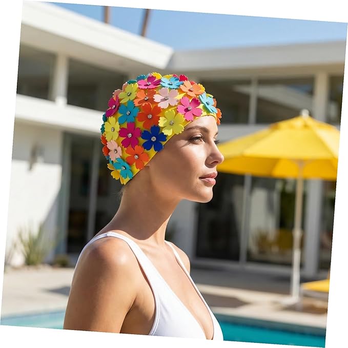 Toyvian Ladies Flower Swimming Cap, Simulation Floral Petal Swim Hat for Women, Rhinestone Bathing Hat for Pool Beach Spa