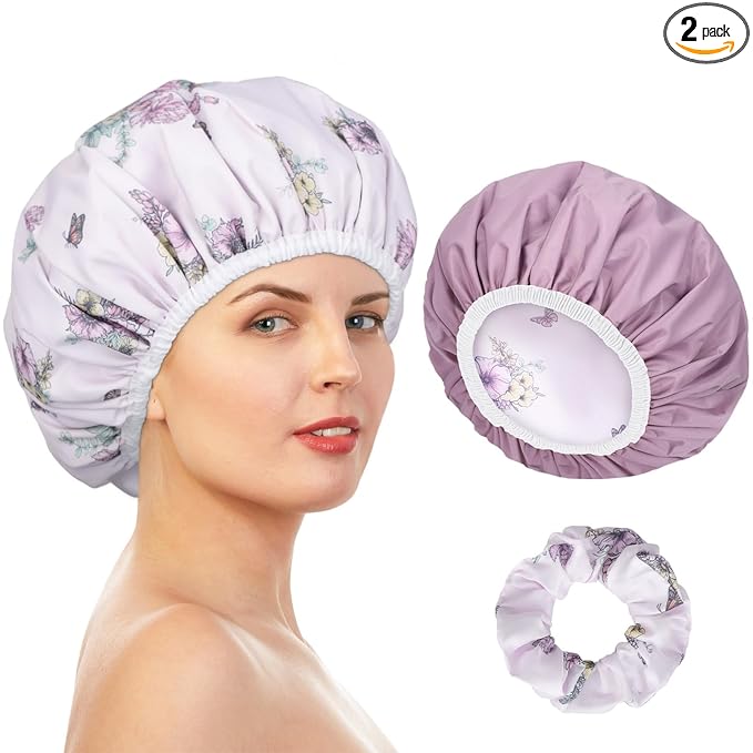 Pengxiaomei Double-Sided Shower Cap for Women, 2 in 1 Reusable Waterproof Bath Cap for Women Girls Long Thick Hair (Flowers)
