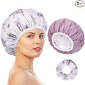 Pengxiaomei Double-Sided Shower Cap for Women, 2 in 1 Reusable Waterproof Bath Cap for Women Girls Long Thick Hair (Flowers)