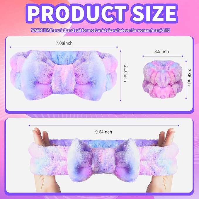WSYUB Spa Headband and Matching Wrist Bands for Washing Face, Fuzzy Skincare Bow Headbands, Soft Facial Makeup Head Bands, Shower Hair Sleepover Party Supplies,Easter Basket Stuffers