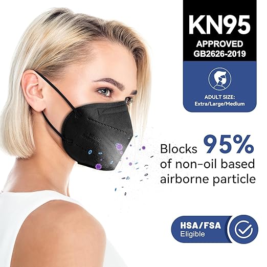 KN95 Face Masks Black Adults - 100 Pack Disposable Masks Comfortable 5-Layer Safety Face Masks & 5 Adjustable Masks Extender Masks Large Size