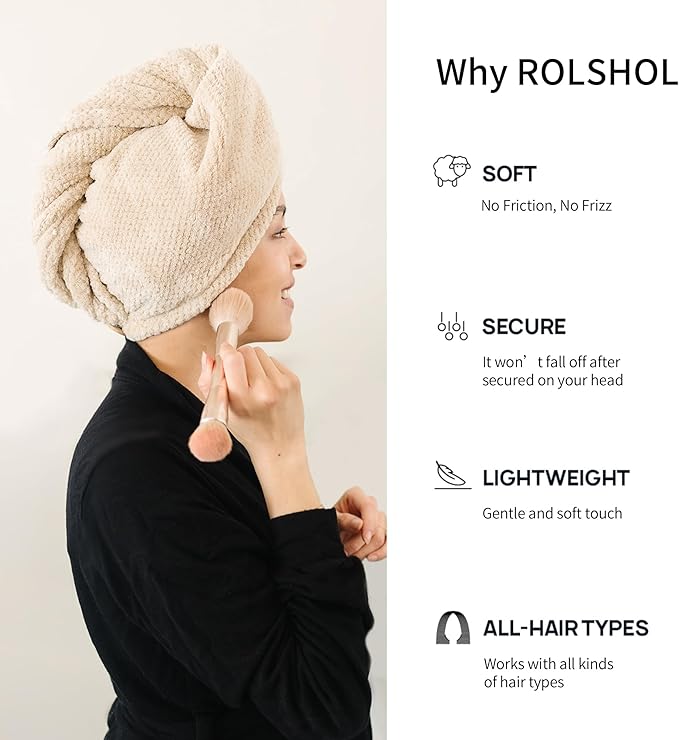 ROLSHOL Extra Large 4 Pack Microfiber Hair Towel Wrap for Women Super Absorbent & Quick Dry Hair Drying Towels with Button, Hair Turbans for Curly Hair Long & Short Hair - Anti-Frizz (Pink Pinstripe)