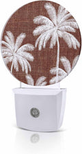Night Lights Auto Sensor Tropical Palm Trees Night Light Brown Linen Coastal Round Lamp Plug-in LED Nightlights Dusk to Dawn for Living Room Bedroom Bathroom Hallway Wall Decor
