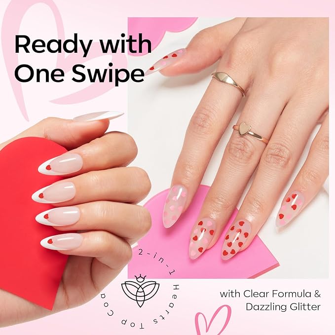 modelones Heart Glitter Gel Top Coat, 15 ML 2 in One No Wipe Clear Gel Nail Polish Red Pink Color Reflective Hearts Sequins Glossy Shine Long Lasting Soak Off Manicure Gift for Women