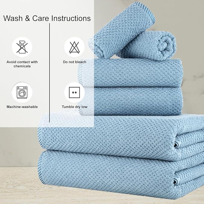CASA COPENHAGEN Popcorn 6Pcs 100% Egyptian Cotton Large Designer Towels Gift Set- Dusky Blue, 600GSM, 2Bath 2Hand 2Washcloths, Bath Towels for Bathroom Set for Women & Men