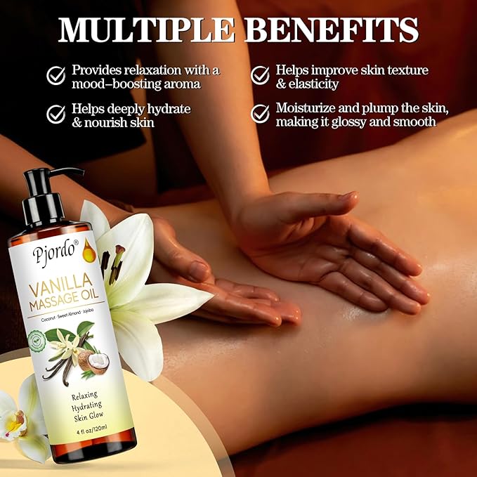 Pjordo Massage Oil for Massage Therapy, Vanilla, Lavender Oil, with Massage Roller Ball, Massage Oils for Muscle Relaxing, Calming, Soothing & Moisturizing, Spa Gift Set for Her and Him