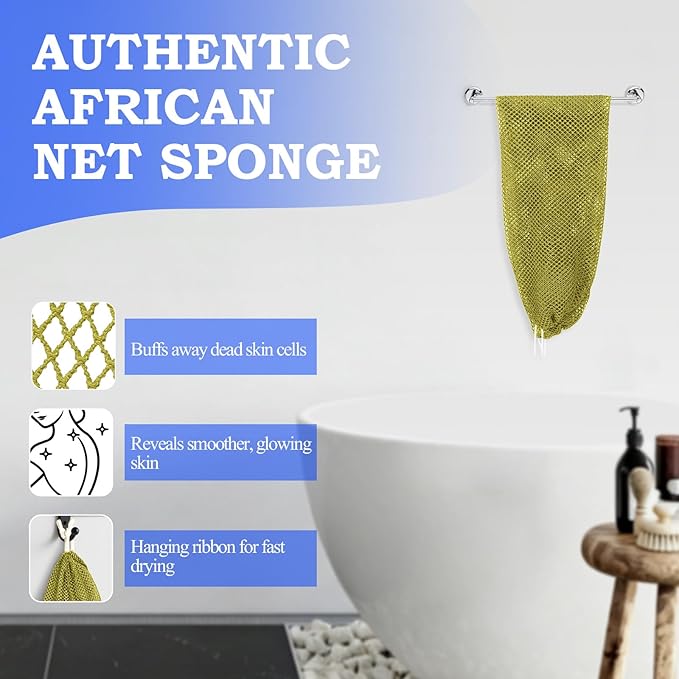 African Net Sponge - Deep Exfoliating Body Scrubber - Ultra Long African Net Sponge Reaches All Back Areas, Gently Buffs Away Dry Flaky Skin for a Renewed Feel, Home Spa Experience（Army Green）