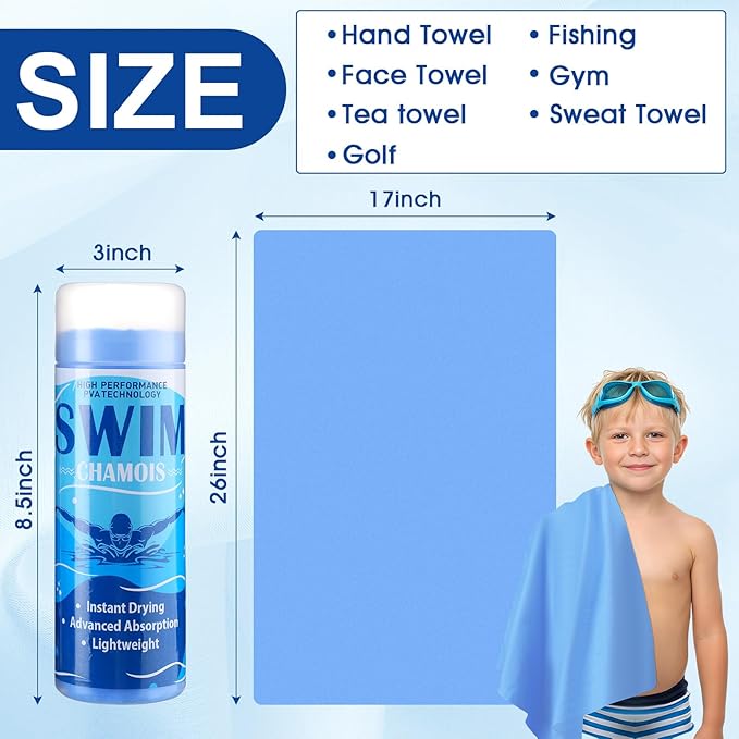 SmoothNovelty 2 Pack Swim Chamois Towel Water Absorbent Quick Dry Towel Shammy Chamois Cloth for Swimming Car Drying Diving Water Sports Beach Shower Pool Swimmer Gift