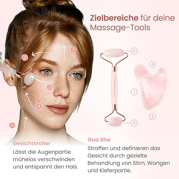 PLANTIFIQUE Jade Roller and Rose Quartz Face Roller with Gua Sha Facial Tools - Includes Real Roller and Gua Sha Set - Certified Face Roller and GuaSha for Your Skincare Routine