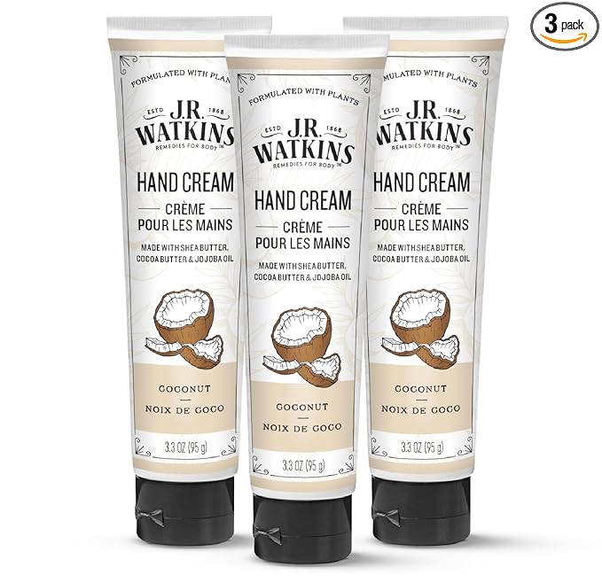 J.R. Watkins Natural Moisturizing Hand Cream, Hydrating Hand Moisturizer with Shea Butter, Cocoa Butter, and Avocado Oil, Cruelty Free, 3.3oz, Coconut, 3 Pack