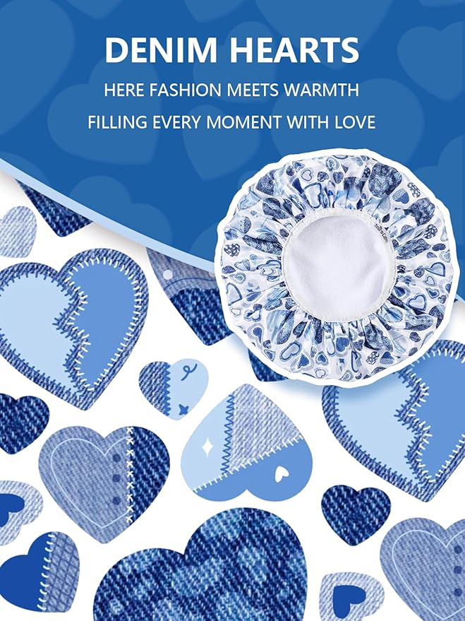 Years calm Terry Lined Shower Cap, Triple Layer Heart Motifs,Waterproof Reusable Elastic,Hair Shower Cap for Women,Terry Cloth Shower Caps for Spa,Clean,Trave (Blue, One Size)