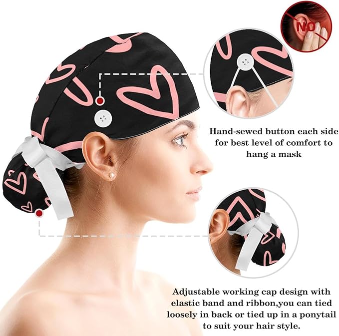 Ethnic Aztec Pattern Adjustable Scrub Cap Hat with Button, Working Hat Sweatband with Bow Hair Scrunchy for Woman