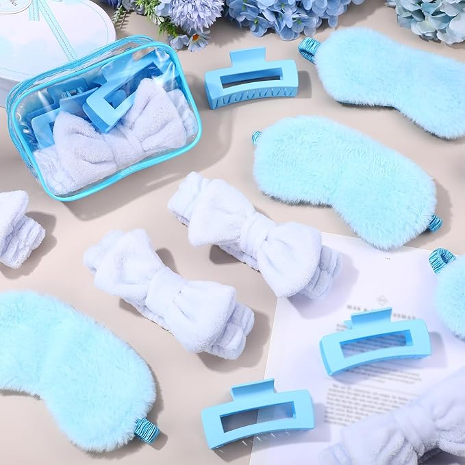Hoteam 24 Pcs Spa Party Favors Supplies 6 Spa Headband 6 Plush Sleep Eye Mask 6 Hair Claw Clips 6 Clear Cosmetic Bags for Adult Sleepover Slumber Party Graduation Gift(Blue)
