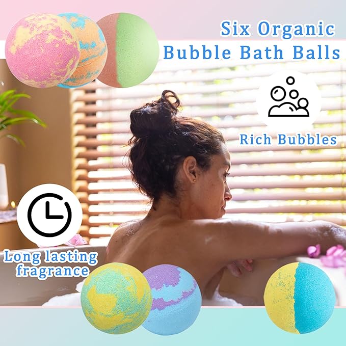 6PCS Bath Bombs Gift Set,Rainbow Bubble Spa Bath Bomb for Her Him Wife Girlfriend Women Relaxing