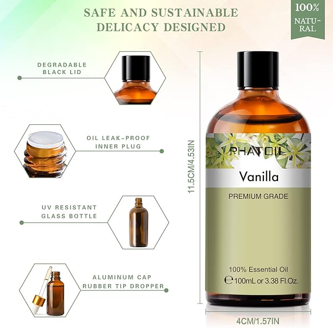 PHATOIL 100ML Vanilla Essential Oil, Huge 3.38fl.oz Bottle Vanilla Oil, Pure Aromatherapy Essential Oils for Diffuser, Humidifier, Scented Oils for Soap, Candle Making
