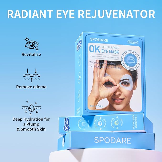 SPODARE OK Shape Eye Masks, 360° Fit Under Eye Patches with Retinol and Collagen, Firming & Hydrating Eye Mask for Wrinkles and Puffy Eyes, Self Care Gifts for Women - 6 Pairs, Happy Blue