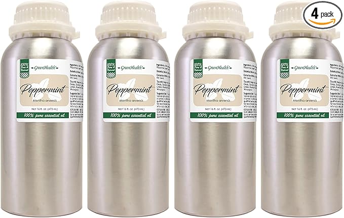 GreenHealth Peppermint Essential Oil – 4 Pack (16 fl oz Each) – 100% Pure & Uncut – Strong Menthol Scent – Aluminum Bottles for Diffusers, Cleaning, DIY Use