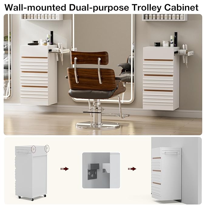 Salon Trolley Cart with Lockable Wheels, Rolling Hair Cart with 3 Dryer Holders for Hair Stylist, Wall Mount Makeup Organizer Stations Cabinet for Beauty Spa Barbershop Tattoo(White)