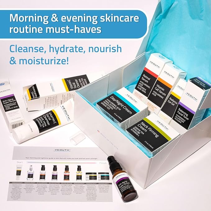YEOUTH Skin Care Set: Retinol Serum with Hyaluronic Acid, Vitamin C & Super Face Serum, Cleanser, Toner, Eye Gel, Neck Cream, Face Cream 8-Piece Skincare Kit For Women