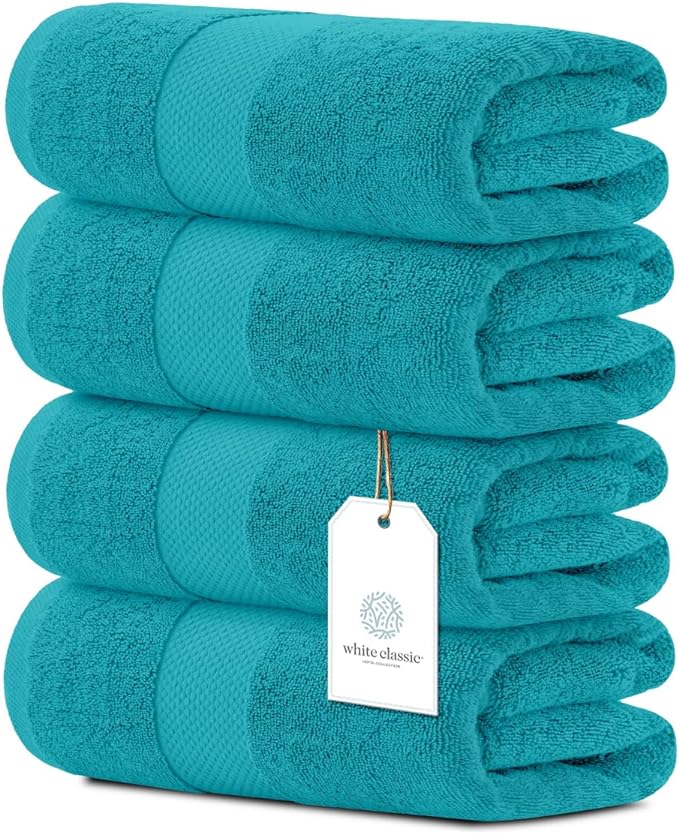 White Classic Luxury Bath Towels Large - Cotton Hotel spa Bathroom Towel |30x56 | 4 Pack | Aqua
