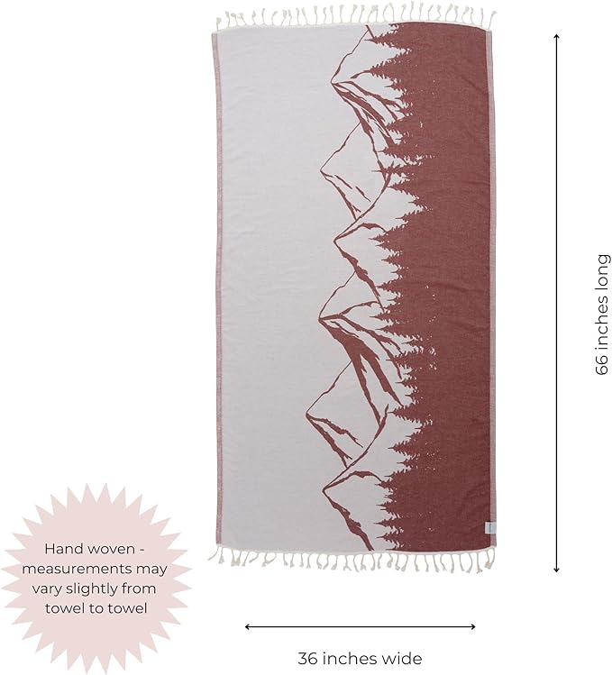 InfuseZen Turkish Towel with Mountain Landscape – 100% Organic Turkish Cotton - Sand Free Quick Dry Beach Peshtemal – Thin Reversible Absorbent Pool Hammam – Plus Size Gym, Travel Fouta (Burgundy)