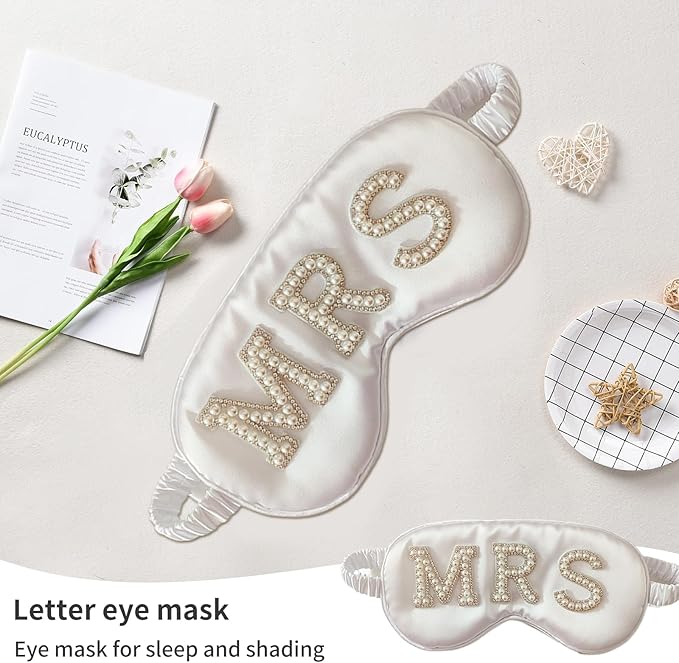 Bride Eye Mask, White Soft Fabric Diamond Bride Sleep Mask for Massages Eye, Pearl Bridal Shower Gifts to Adjust Night Sleep, Sleeping Maskes for Wedding (MRS)