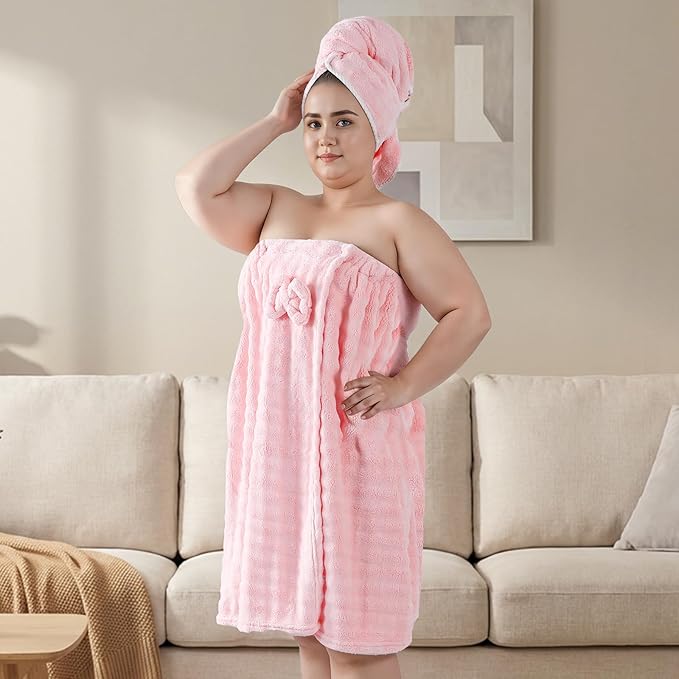 REDKISS Pink Plus Size Towel Wrap for Women, XL Adjustable Shower Wrap with Hair Towel, Super Absorbent Bath Towels Wrap for Body, Microfiber Plush Towel Wrap, Warmth Velcro Plus Size Wraps Towels