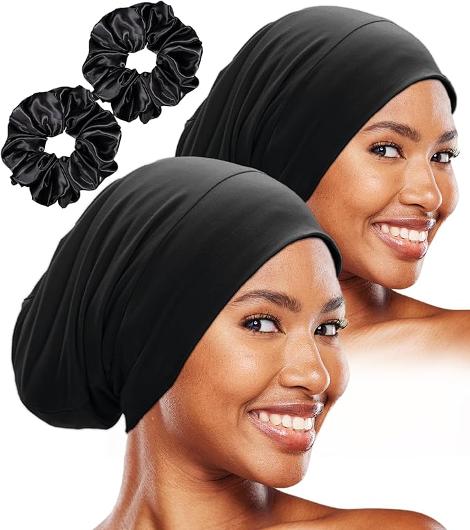 Sleep Cap Bonnet for Sleeping Black Women, Adjustable Cooling Ice Silk Lined Bonnet for Curly Braids Hair Cover Beanie Hat