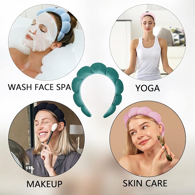 Luckybear Spa Headband for Washing Face, Velvet Makeup Headband, Bubble Skincare Head bands with Face Wash Wristbands Sponge Puff Head band for Women Skin Care - Green