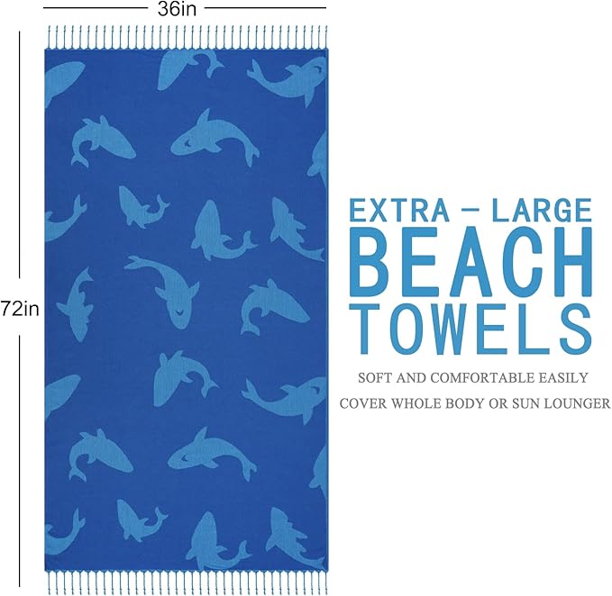 Genovega Oversized Cotton Turkish Beach Towels 72"x36" Lightweight Quick Dry Sandless Pool Swim Towel Large No Sand Compact Blanket Adult Travel Essentials Cruise Accessories Must Haves Blue Whale
