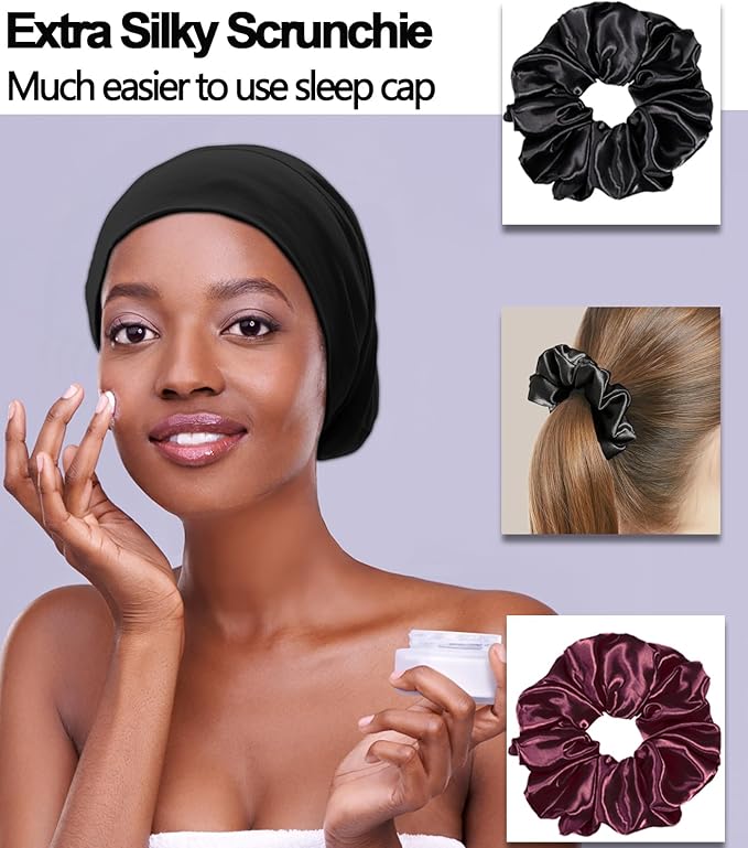 Sleep Cap Bonnet for Sleeping Black Women, Adjustable Cooling Ice Silk Lined Bonnet for Curly Braids Hair Cover Beanie Hat